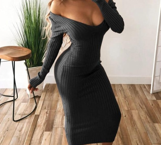 Tina Long Sleeve V Neck Ribbed Knit Dress – Palma Bella